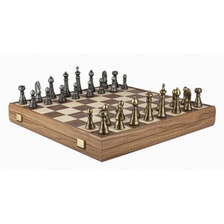 Coffret Echecs en Noyer et Pièces Metalliques